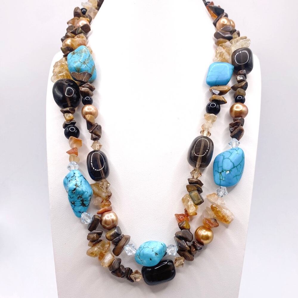 Gemstones Vintage Necklace Turquoise Smoky Quartz and Citrine Double Strand 17”
